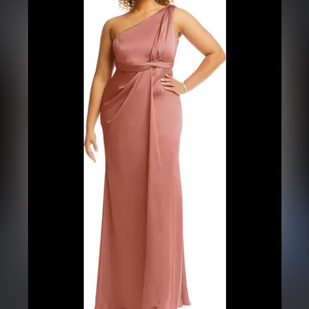 Dessy Collection Women’s One-Shoulder Blush Gathered Bodice Satin Gown